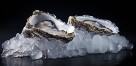 Fresh oysters on ice on black background. Shallow depth of fieldの素材