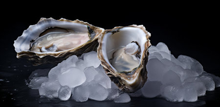 Fresh oysters and ice on a black background, close-upの素材