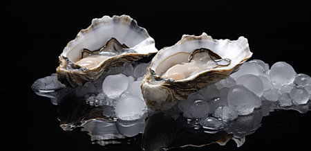 Opened oysters with ice on a black background close-upの素材