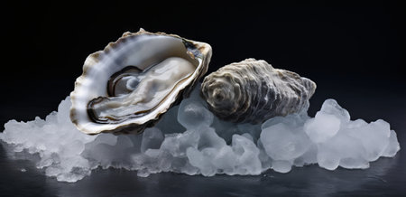 Opened oyster with ice on black background. 3d illustrationの素材