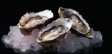 Fresh oysters on ice on a black background. Close up.の素材