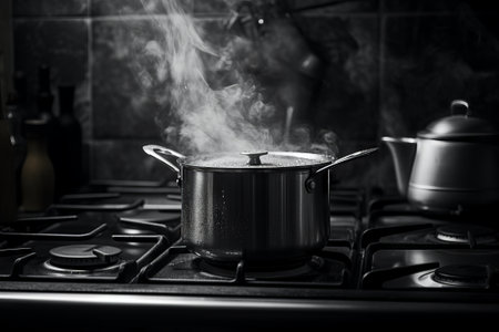 Cooking in a pot on a gas stove. Black and white photo.の素材