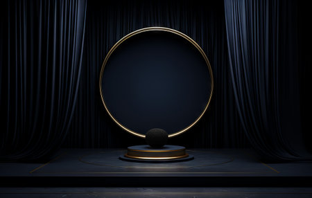 Black stage with gold round podium and curtain. 3D rendering.の素材