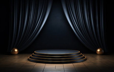 Black podium with blue curtains and golden balls. 3D rendering.の素材
