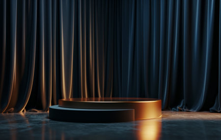 Black podium and blue curtains on stage background. 3D rendering.の素材