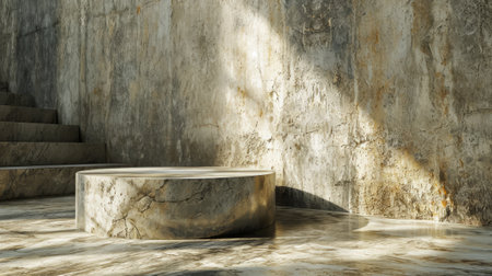 3d render of white marble podium with shadow on the concrete wallの素材
