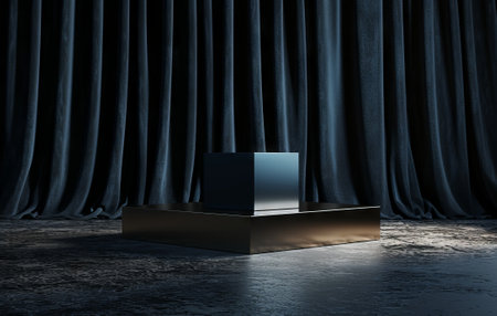 Black stage with blue curtains and a laptop on it. 3d renderingの素材