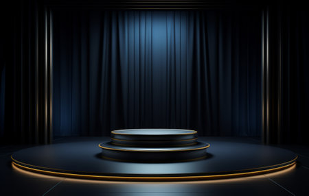 Stage with black curtains and round podium, 3D rendering. Computer digital drawing.の素材