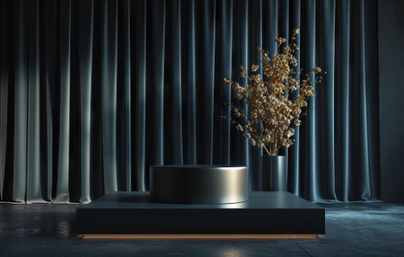 Minimalistic black podium with gold flowers and curtains. 3D Renderingの素材