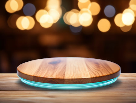 Empty wooden table with bokeh light background. For product displayの素材