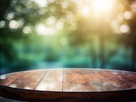 Wooden table top on blur forest bokeh background, product display montageの素材