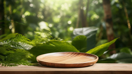 Wooden plate on wooden table in front of natural green background.の素材