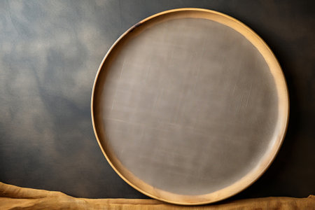 Empty wooden plate on dark background with copy space. Top view.の素材