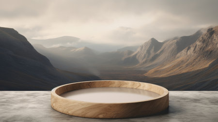 Wooden podium on the background of a mountain landscape. 3d renderingの素材