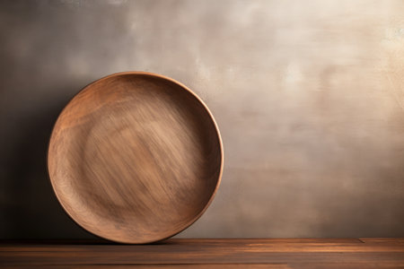 Empty wooden plate on a table in front of a dark background.の素材