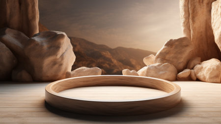 Wooden podium on wooden floor with mountain background. 3d renderingの素材