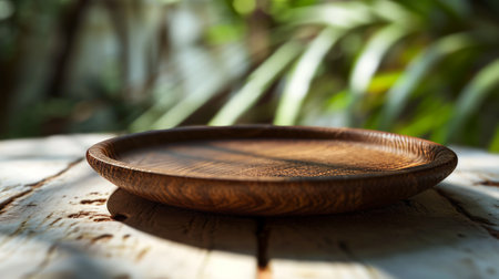 Empty wooden plate on wooden table in the garden. Selective focus.の素材