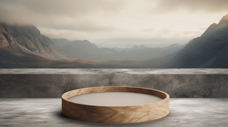 Wooden podium in front of mountain landscape. 3D Renderingの素材