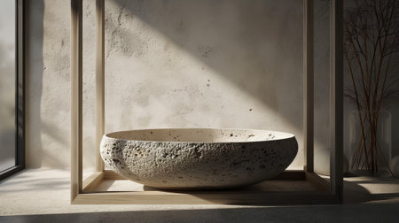 3d rendering of bathroom with marble bathtub in front of windowの素材