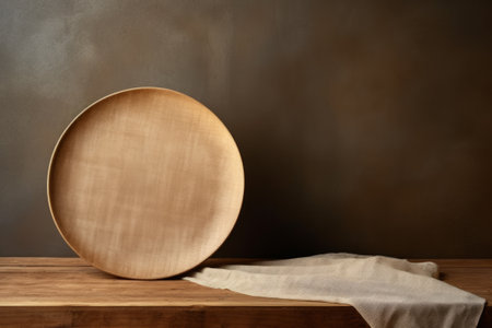 Empty round wooden plate on rustic wooden table with linen cloth and concrete wall in backgroundの素材