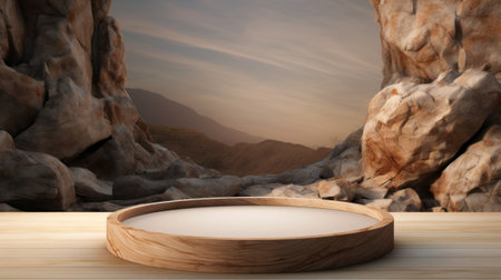 Wooden podium on a table in the desert, 3d renderingの素材