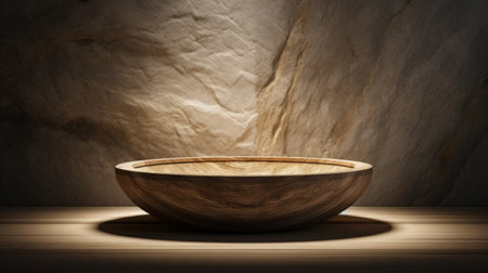 Empty wooden bowl on table in front of stone wall. 3d renderの素材