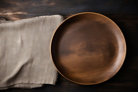 Empty wooden plate and napkin on dark wooden background, top viewの素材