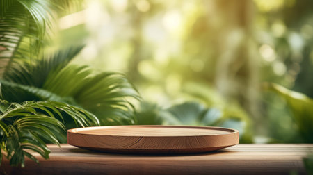 Wooden product stand on natural background with palm leaves. 3d renderingの素材