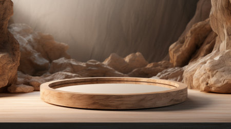 Wooden product stand with stone background. 3d render illustration.の素材