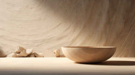 Wooden bowl on the table. 3d rendering, 3d illustration.の素材
