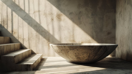 Interior of modern bathroom with bathtub on concrete wall background.の素材