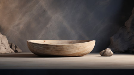 Wooden bowl on a marble background. 3d render illustration.の素材