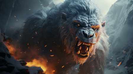 3D rendering of a monster with a fire in the background.の素材