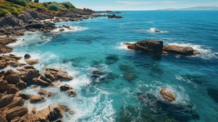 Beautiful seascape with rocks and turquoise water. Panoramic viewの素材