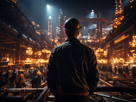 Engineer in front of the oil refinery plant at night time.の素材