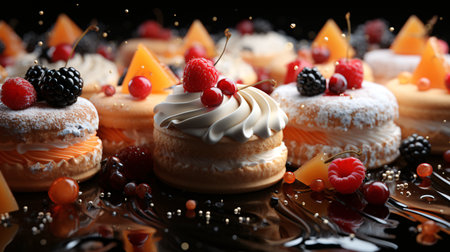 Delicious cupcakes with berries on black background, closeup. Delicious dessertの素材