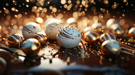 3d render of christmas tree decorations with golden bokeh backgroundの素材