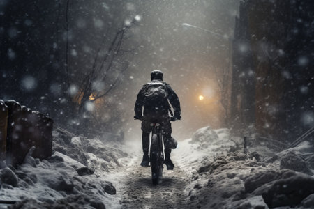 Silhouette of a man riding a mountain bike through the snow at nightの素材