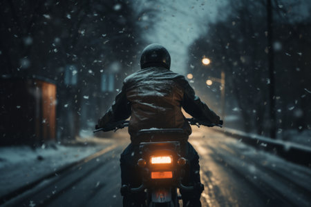 Motorcyclist riding a motorcycle on the road in heavy snowfallの素材