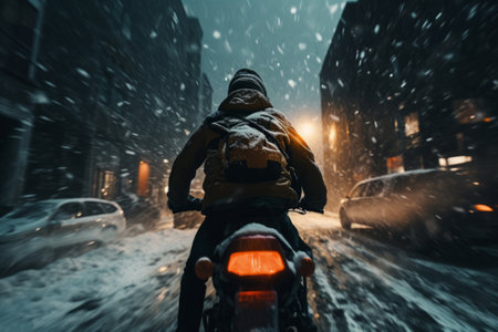 A man on a motorcycle rides through the city during a snowfall.の素材
