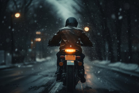 Motorcyclist riding a motorcycle on a snowy road at night.の素材