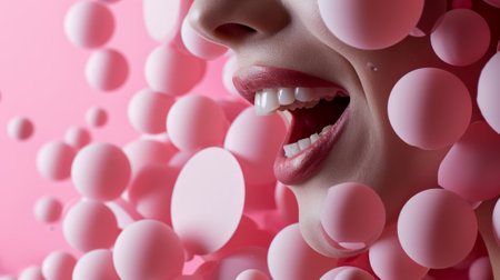 Close-up portrait of a beautiful young woman with white teeth and pink balloonsの素材