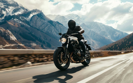 Motorcycle rider riding on the road in the mountains. Sport bike.の素材