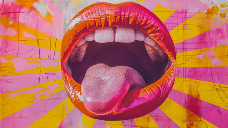Close up of female mouth with tongue sticking out against grunge backgroundの素材
