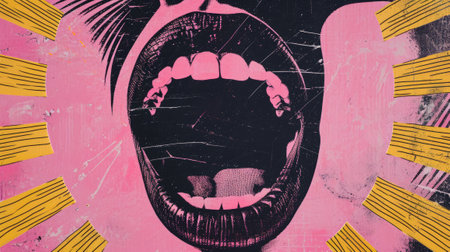 Close-up of female mouth with bright lipstick on grunge backgroundの素材