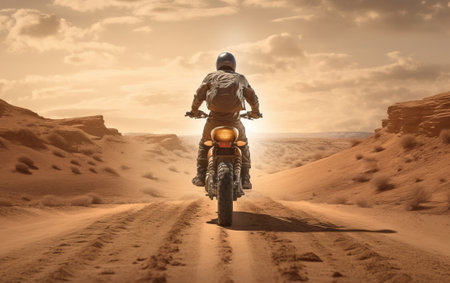 Motorcycle rider on the road in the desert.3d renderingの素材