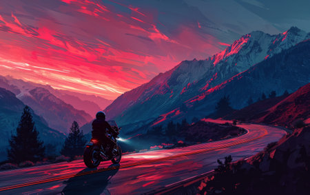 motorcyclist riding on the road in the mountains at sunsetの素材