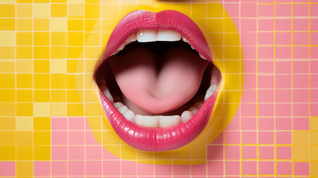 Funny smiley mouth with tongue out on colorful background, top viewの素材