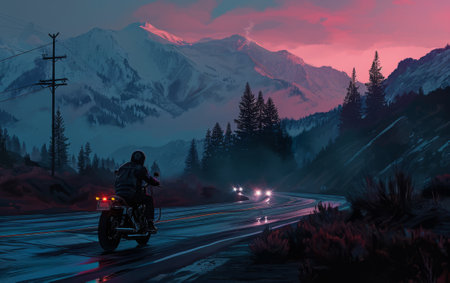 Motorcyclist on the road in the mountains at dusk. 3d renderingの素材