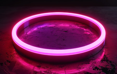 Neon circle on a dark background. 3D rendering. Neon light.の素材